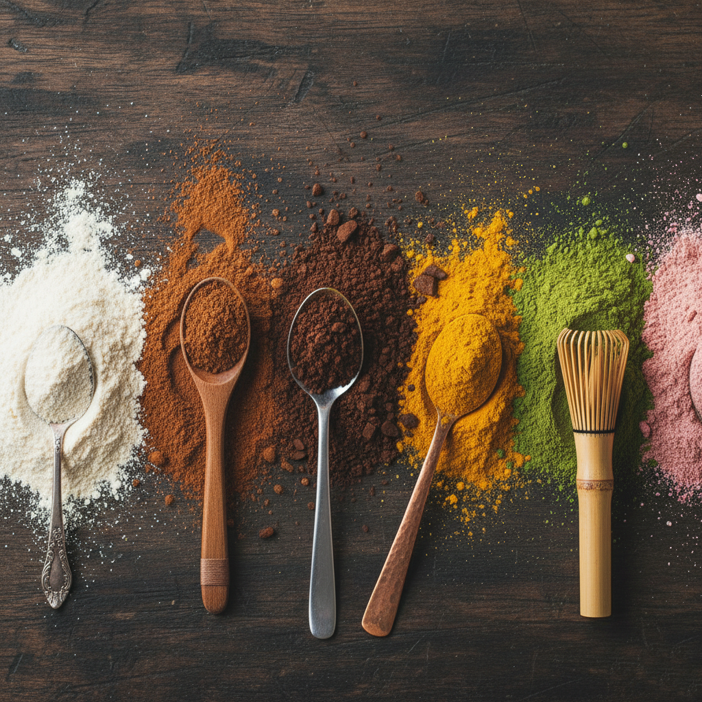 Ukázka prašných produktů Prašné produkty - mouka, mletá skořice, mrazem sušená káva, kari koření, matcha čaj