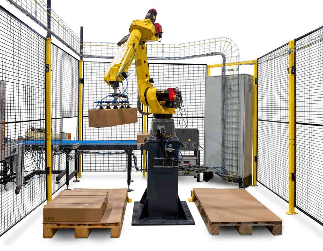 Robotická paletizace produktů pro automatizované skládání zboží na palety ve výrobní lince