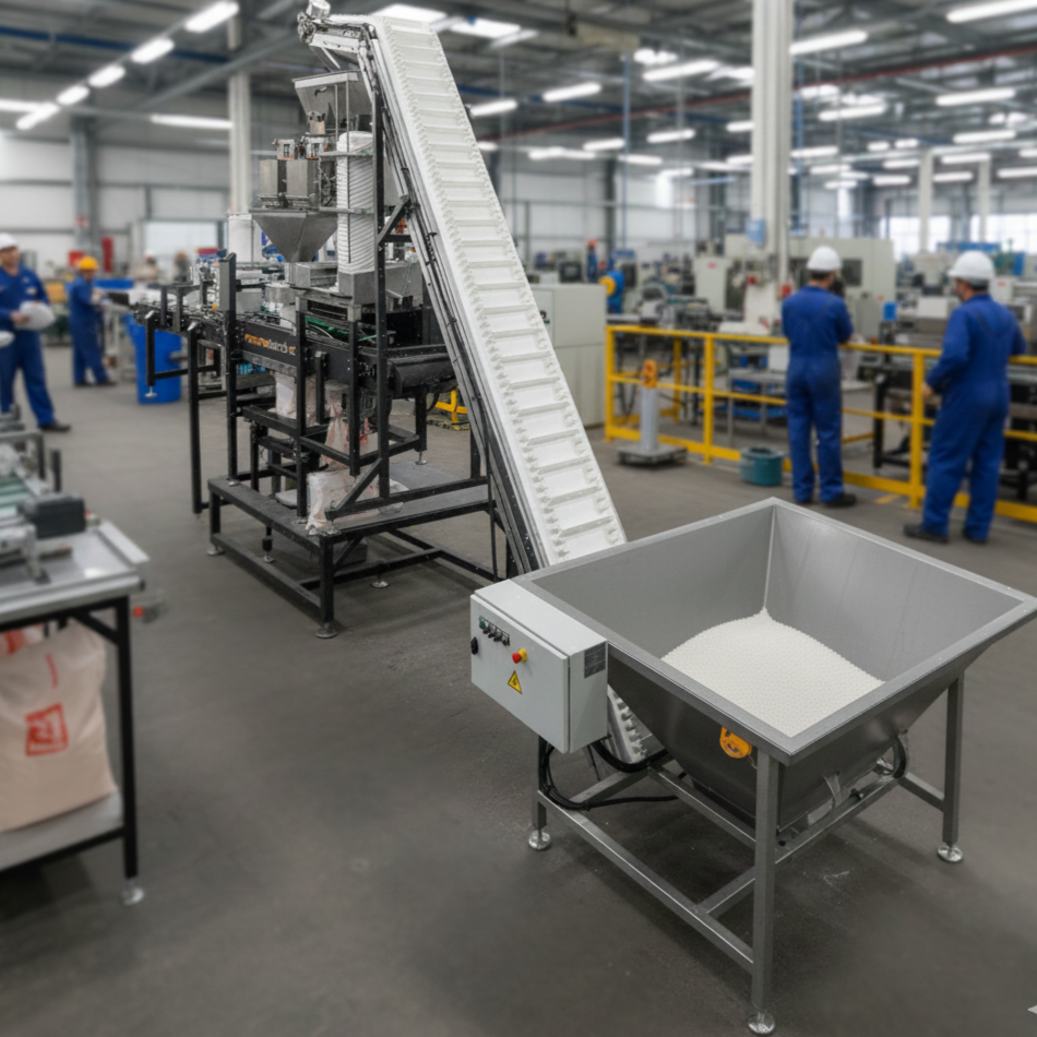 Doplňovací dopravník CAB-Z s vibrační násypkou VN v plnící lince LUNA-B Doplňovací dopravník s vibrační násypkou v plnící lince LUNA-B