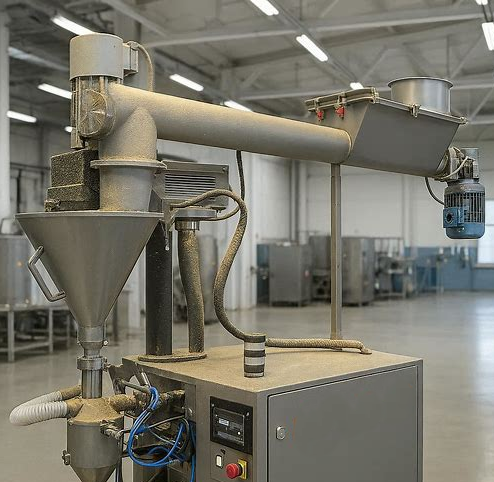 Údržba stroje a zařízení je klíčovým krokem při dávkování a balení prašných produktů. Ukázka zaprášeného balicího a dávkovacího zařízení