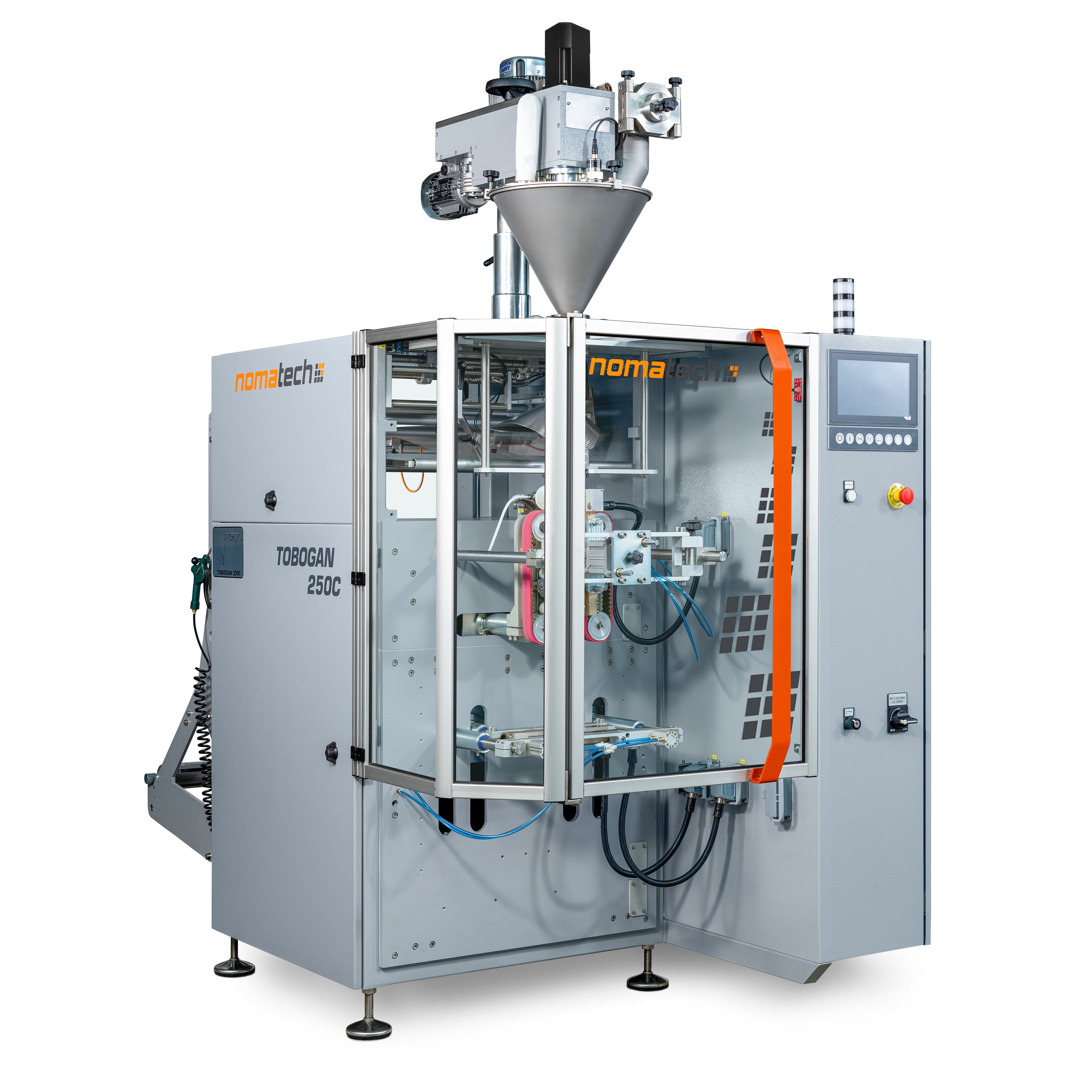 Continuous vertical packaging machine TOBOGAN 250C with a RACKET-S micro auger doser, which is suitable for dosing very fine powders, including matcha tea.