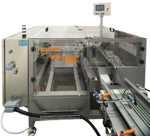 Cartoning machine BOX GROUP POLO - index conveyor Semiautomatic cartoning machine BOX GROUP POLO